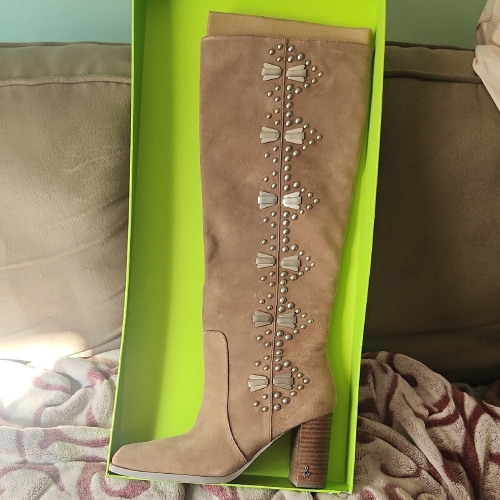 Sam Edelman Taupe Suede Over-the-Knee Boots with Stud Detail